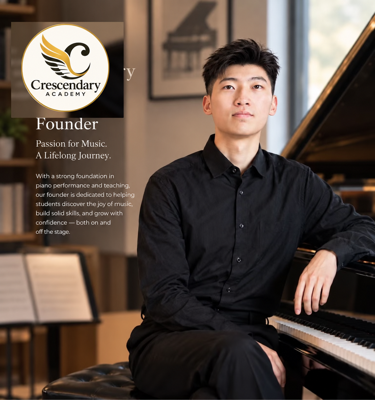 Kevin Zhao, founder of Crescendary Music, seated at the piano